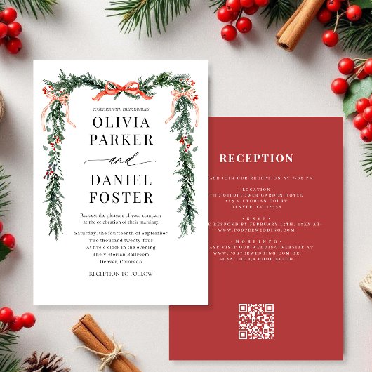 Watercolor Pine Bow Christmas QR Code Wedding Kaart