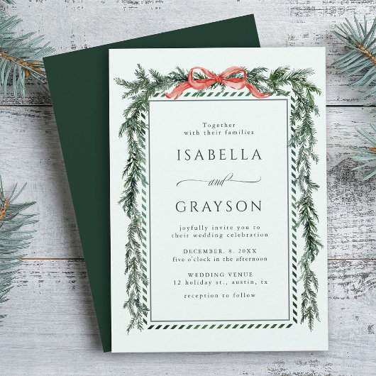 Watercolor Pine Garland Mint Green Wedding Kaart
