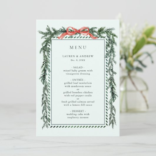 Watercolor Pine Garland Wedding Mint Green Menu (Staand voorkant)