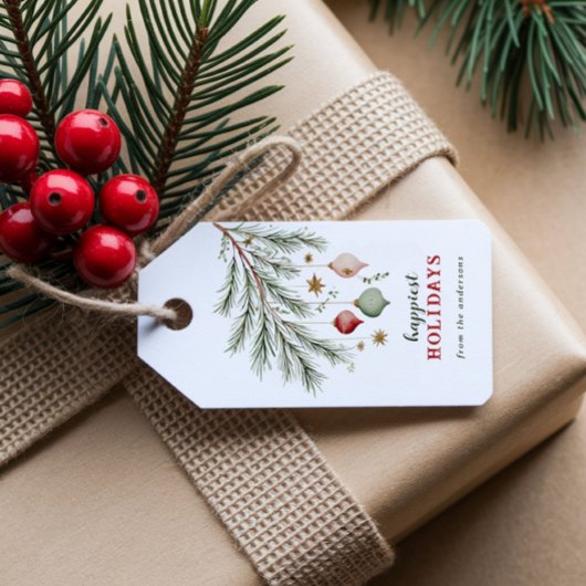 Watercolor Pine Leaves & Festive Baubles Holiday  Cadeaulabel