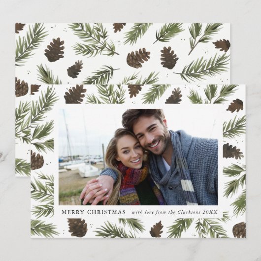 Watercolor Pine Sprigs Christmas Photo Card Feestdagenkaart (Voorkant / Achterkant)