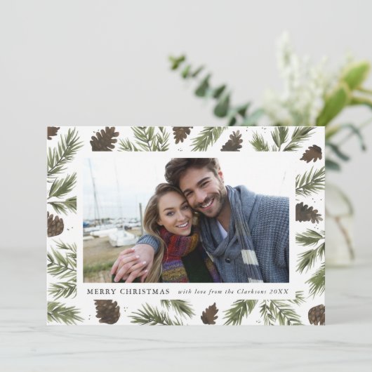 Watercolor Pine Sprigs Christmas Photo Card Feestdagenkaart (Staand voorkant)