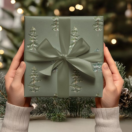 Watercolor Pine Tree Deep Sage Green Cadeaupapier