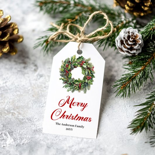 Watercolor Pine Wreath Christmas Gift Label Cadeaulabel