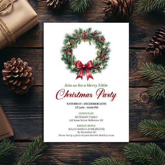 Watercolor Pine Wreath Christmas Party Card Kaart