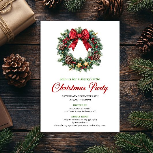 Watercolor Pine Wreath Christmas Party Invitation Kaart