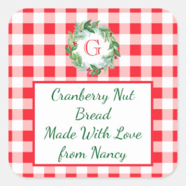 Watercolor Pine Wreath MONOGRAM Red Check Green Vierkante Sticker