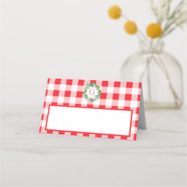 Watercolor Pine Wreath MONOGRAM Red Check  Plaatskaartje