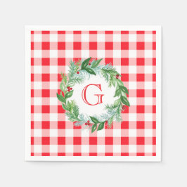 Watercolor Pine Wreath MONOGRAM Red Check  Servet