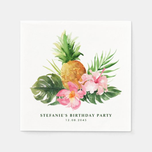 Watercolor Pineapple and Hibiscus Birthday Party Servet (Voorkant)