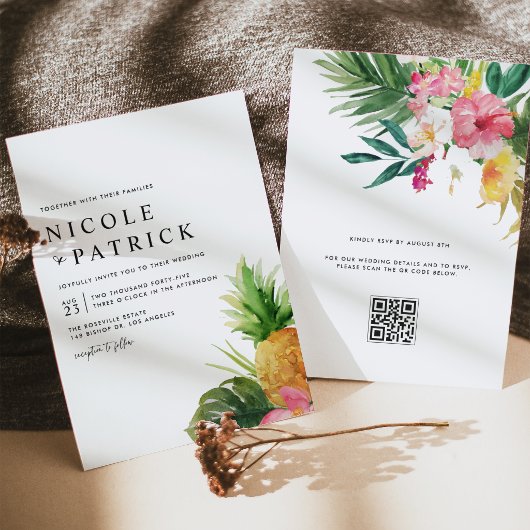 Watercolor Pineapple Tropical QR Code Wedding Kaart