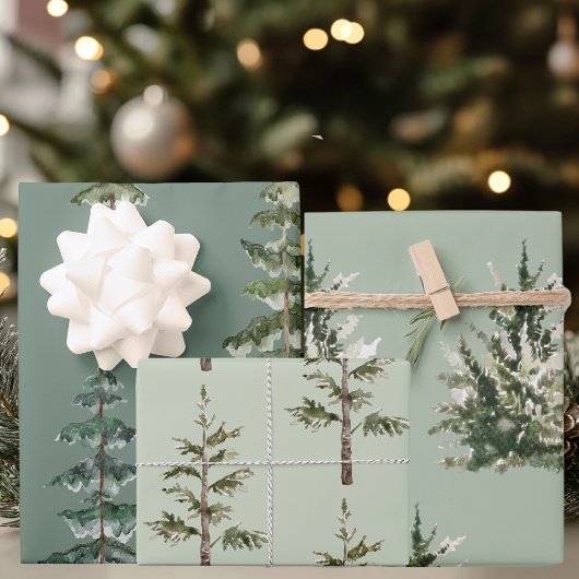 Watercolor Pines on Sage | Scandinavian Holiday Inpakpapier Vel