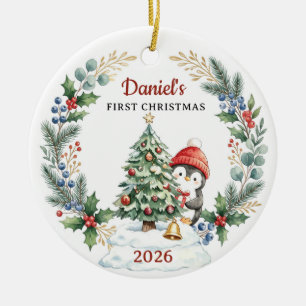 Watercolor Pinguïn Baby 1e Kerstboom Keramisch Ornament
