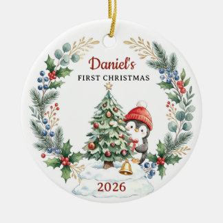 Watercolor Pinguïn Baby 1e Kerstboom Keramisch Ornament