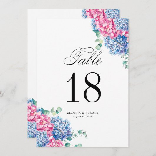 Watercolor Pink and Blue Hydrangeas Table Numbers (Voorkant / Achterkant)