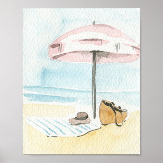 Watercolor Pink Beach Umbrella Coastal Poster