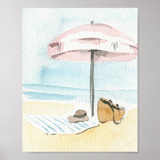 Watercolor Pink Beach Umbrella Coastal  Poster (Voorkant)