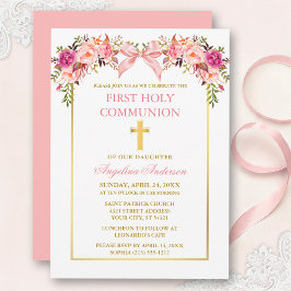 Watercolor Pink Blush Floral Bow Communion Kaart