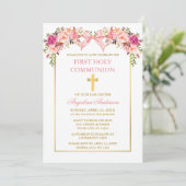 Watercolor Pink Blush Floral Bow Communion Kaart (Staand voorkant)