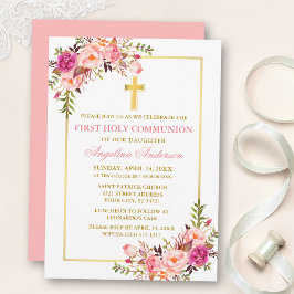 Watercolor Pink Blush Floral Communion Gold Kaart