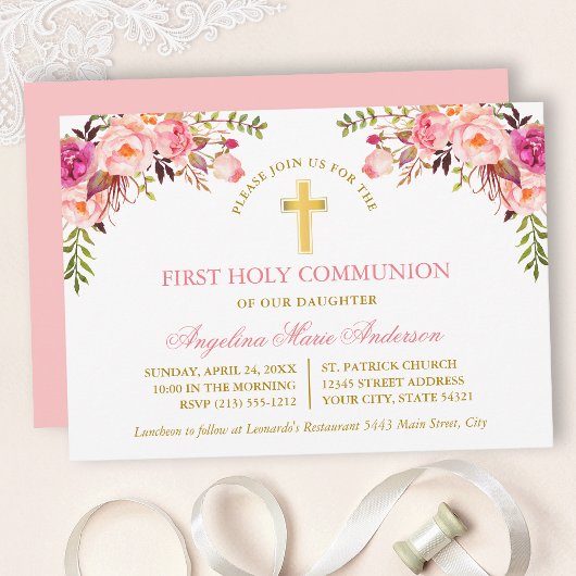 Watercolor Pink Blush Floral Gold Communion Kaart