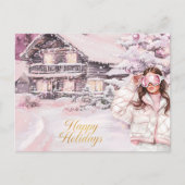 Watercolor Pink Blush Ski Chalet Happy Holidays Feestdagenkaart (Voorkant)