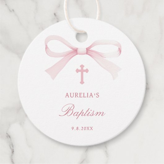 Watercolor Pink Bow Baptism Bedankjes Labels (Voorkant)
