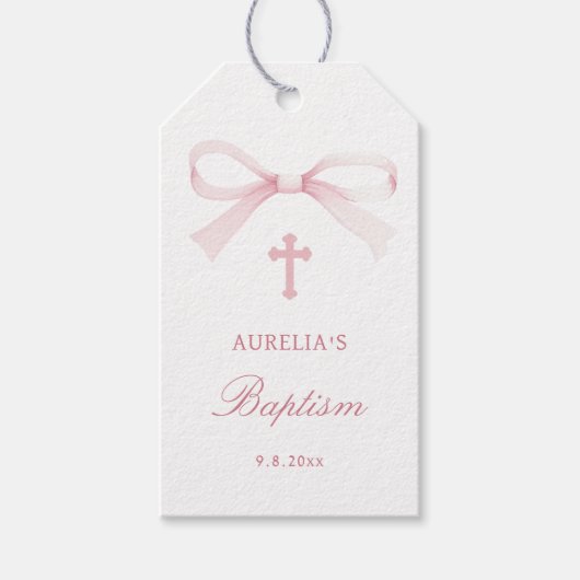 Watercolor Pink Bow Baptism Cadeaulabel (Voorkant)
