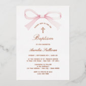 Watercolor Pink Bow Baptism Folie Uitnodiging (Voorkant)