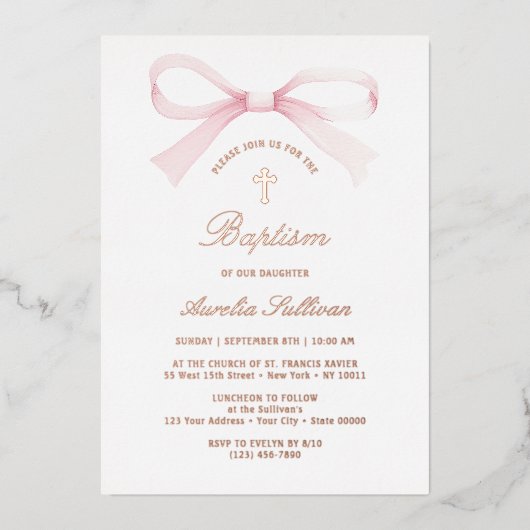 Watercolor Pink Bow Baptism Folie Uitnodiging (Voorkant)