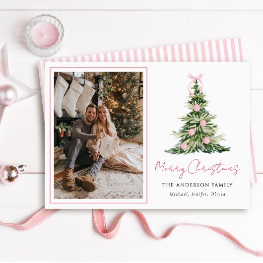 Watercolor Pink Bow Christmas Tree Photo Feestdagenkaart