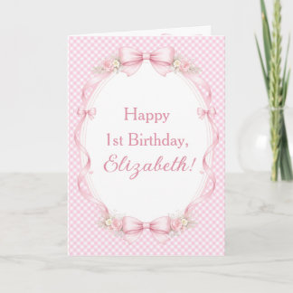 Watercolor Pink Bow Coquette 1st Birthday Greeting Kaart