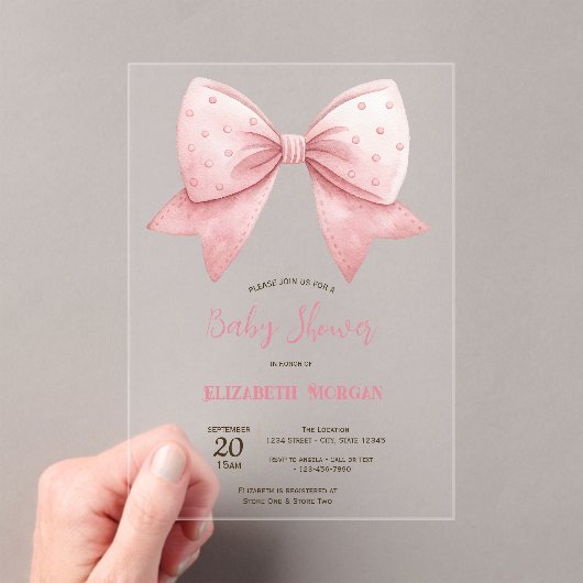 Watercolor Pink Bow Dots Baby Shower Acryl Uitnodigingen (Insitu (Draagbaar))