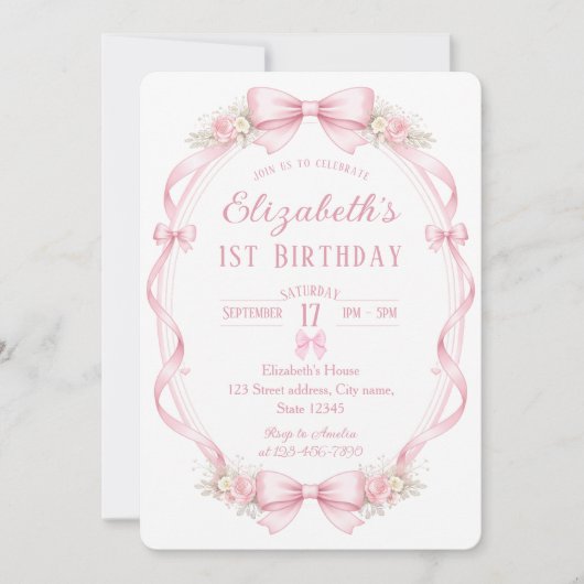 Watercolor Pink Bow First Birthday Invitation Kaart (Voorkant)