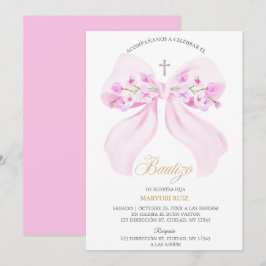 Watercolor Pink Bow Floral Girl Baptism Kaart