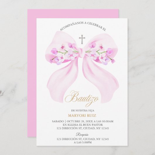 Watercolor Pink Bow Floral Girl Baptism Kaart (Voorkant / Achterkant)