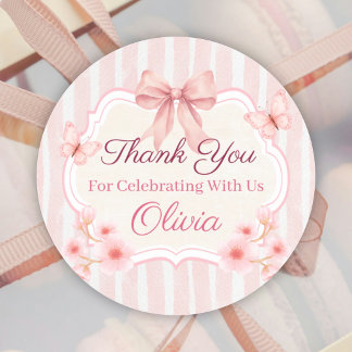 Watercolor Pink Bow, Flowers & Butterfly Birthday  Ronde Sticker