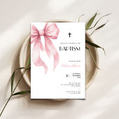 Watercolor Pink Bow for Girls Baptism Invitation Kaart
