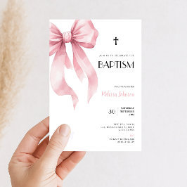 Watercolor Pink Bow for Girls Baptism Invitation Kaart