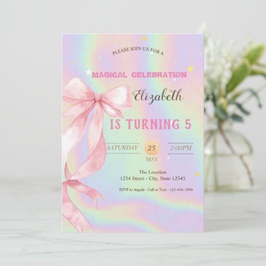 Watercolor Pink Bow Holographic Birthday Kaart (Staand voorkant)