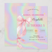 Watercolor Pink Bow Holographic Birthday Kaart (Voorkant / Achterkant)