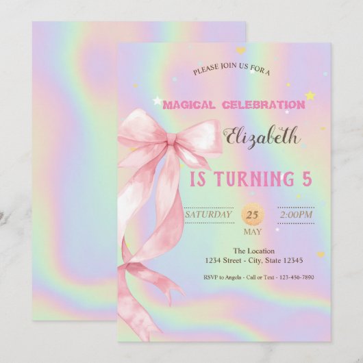 Watercolor Pink Bow Holographic Birthday Kaart (Voorkant / Achterkant)