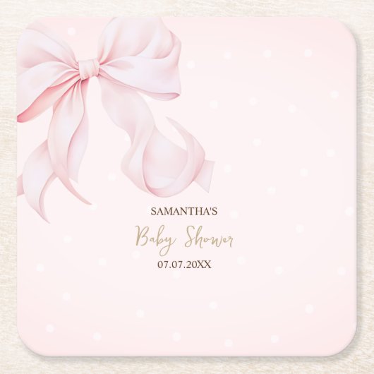Watercolor Pink Bow Pink Dots Baby Shower Kartonnen Onderzetters (Voorkant)
