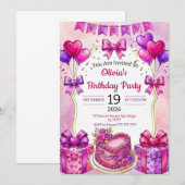 Watercolor Pink Cake and Floral Heart Birthday Kaart (Voorkant / Achterkant)