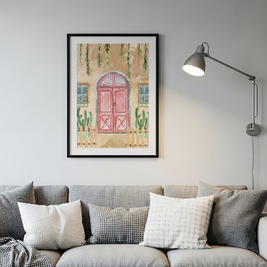 Watercolor Pink Door Rustic Facade Poster