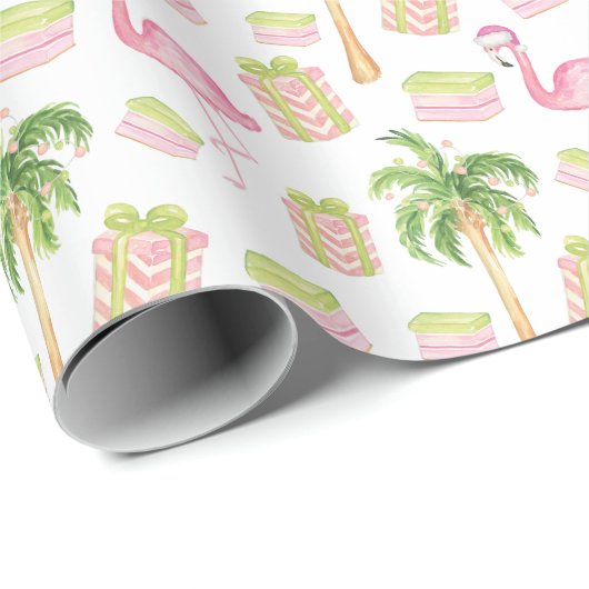 Watercolor Pink Flamingo Beach Christmas Cadeaupapier (Rol Hoek)