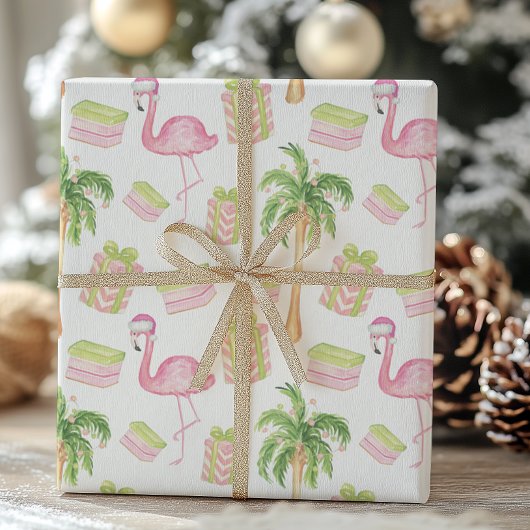 Watercolor Pink Flamingo Beach Christmas Cadeaupapier