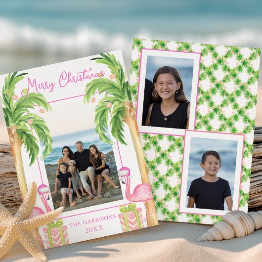 Watercolor Pink Flamingo Beach Christmas Photo Feestdagenkaart