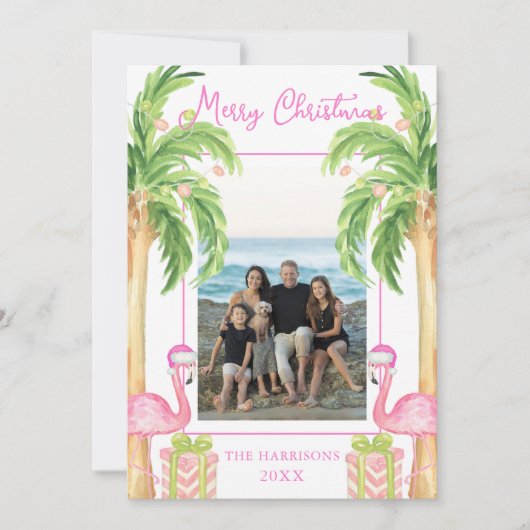Watercolor Pink Flamingo Beach Christmas Photo Feestdagenkaart (Voorkant)