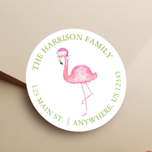 Watercolor Pink Flamingo Christmas Gift Address Ronde Sticker